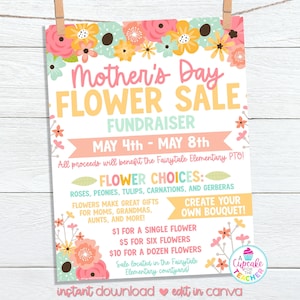 de collecte de fonds pour une vente de fleurs pour la Fête des Mères | Flyer de collecte de fonds modifiable pour la vente de fleurs de prise de force | Booster de collecte de fonds printanier PTO PTA | Modifier sur Canvas