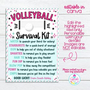 K&ouml;nnte beinhalten: Ein Volleyball-Survival-Kit-Schild mit einer Volleyballnetz-Grafik, rosa und t&uuml;rkisfarbenen Akzenten und Text wie "Wasser", "Starbursts" und "Viel Gl&uuml;ck!" von Coach Ashley. Das Schild kann in Canva bearbeitet werden.