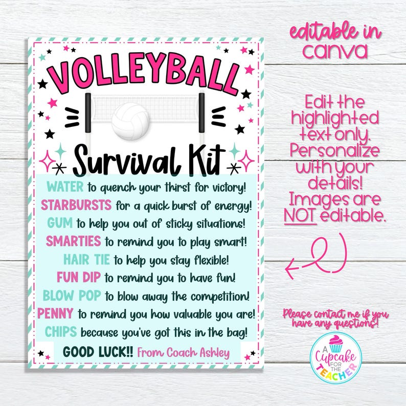 K&ouml;nnte beinhalten: Ein Volleyball-Survival-Kit-Schild mit einer Volleyballnetz-Grafik, rosa und t&uuml;rkisfarbenen Akzenten und Text wie "Wasser", "Starbursts" und "Viel Gl&uuml;ck!" von Coach Ashley. Das Schild kann in Canva bearbeitet werden.