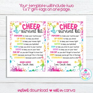 Cheer Survival Kit Bag Tag Template | Editable Cheerleader Gift Tag ...