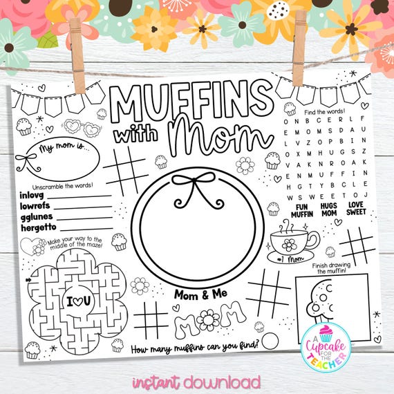 Muffins With Mom Coloring Activity Placemat | Mother's Day Activity Craft Coloring Page | PTO PTA Mother's Day Event | Kids Activity Mat