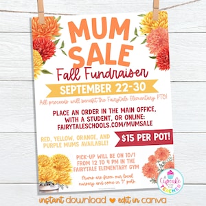 Mums Flower Sale Fall Fundraiser Template | Editable PTO Mum Sale Fundraiser Flyer | PTO PTA Fall Fundraiser Booster | Edit on Canva