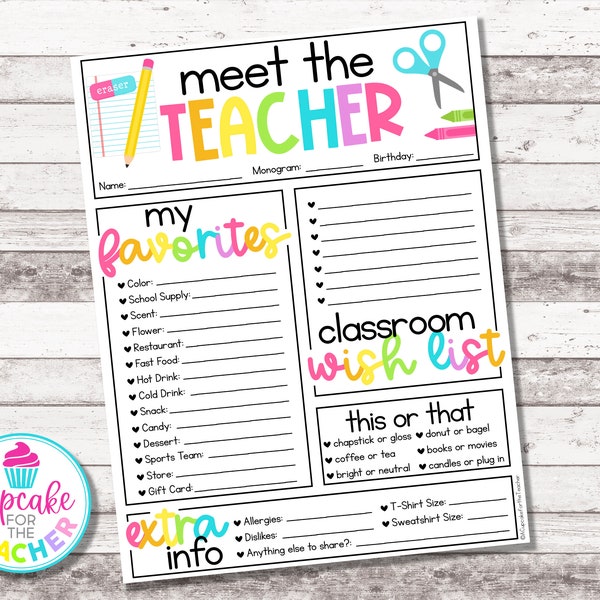 Teacher Favorite Things Questionnaire | Back to School Teacher Survey | Meet the Teacher Questionnaire | All About My Teacher Printable