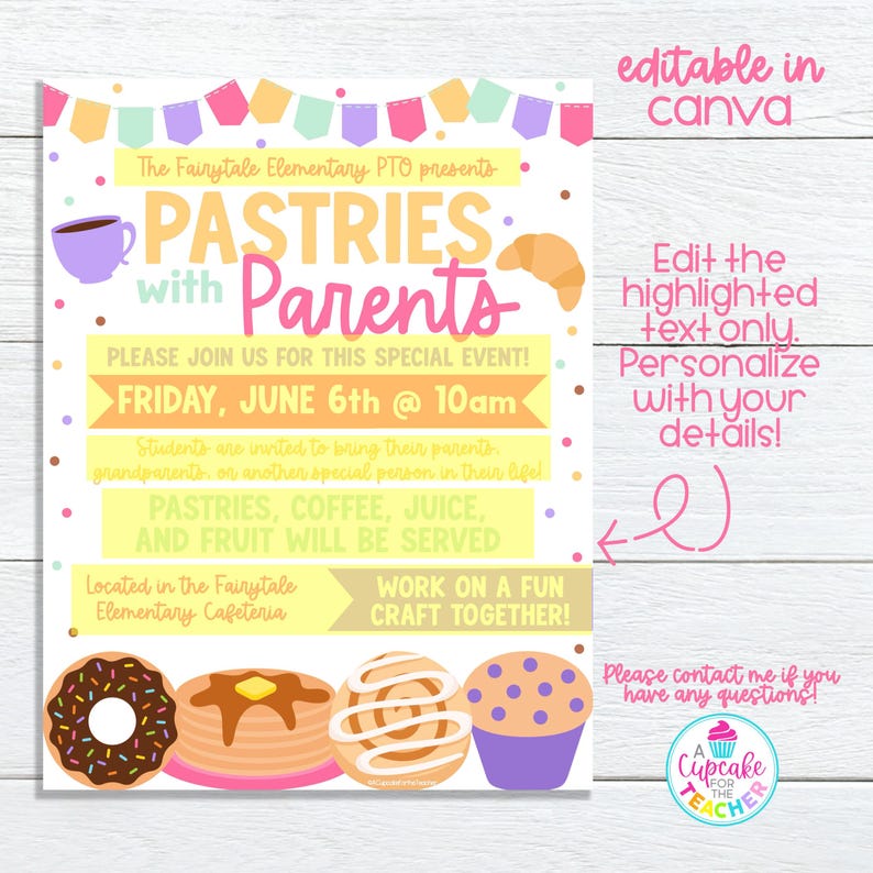 K&ouml;nnte beinhalten: Ein farbenfrohes Flyer f&uuml;r eine "Pastries with Parents"-Veranstaltung mit Illustrationen von Geb&auml;ck, einer Kaffeetasse und einem Croissant. Der Text enth&auml;lt Eventdetails: Freitag, 6. Juni um 10 Uhr. Der Flyer ist in Canva bearbeitbar.