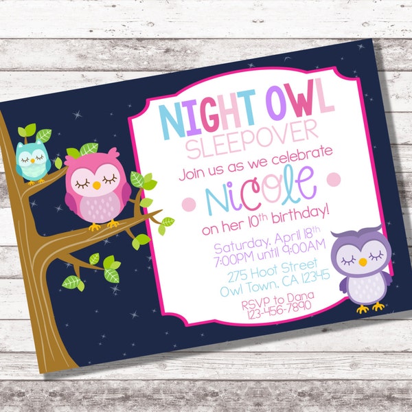 Girl's Night Owl Birthday Invitation | Sleepover Birthday Party | Pajama Party | Owl Theme Party | Girl Birthday Invite | Digital Invite
