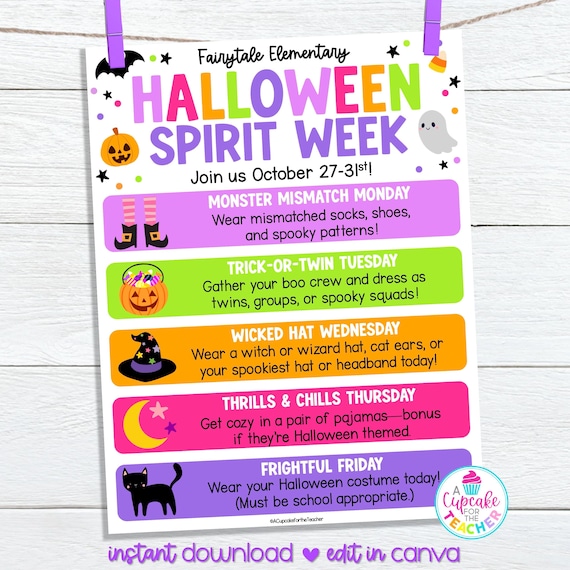 Halloween School Spirit Week Flyer Template | Editable Halloween Themed Spirit Week | PTO PTA Fall Elementary Dress Up Day | Edit on Canva