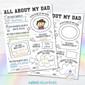 Op de afbeelding: Printbare werkbladen voor kinderen om in te vullen over hun vader. Het werkblad bevat secties voor een foto van papa, de naam van papa, zijn favoriete kleur, zijn favoriete eten, de dingen waar papa goed in is, de dingen die het kind graag met papa doet, woorden om papa te beschrijven en een ruimte voor het kind om een ​​bericht aan papa te schrijven. Het werkblad is zwart-wit met kleurrijke accenten.