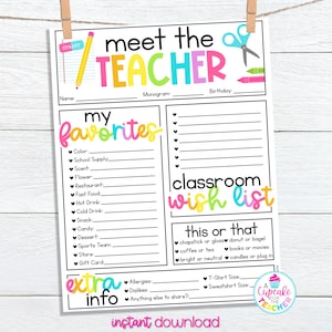 Teacher Favorite Things Questionnaire | Back to School Teacher Survey | Meet the Teacher Questionnaire | All About My Teacher Printable