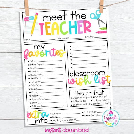 Teacher Favorite Things Questionnaire | Back to School Teacher Survey | Meet the Teacher Questionnaire | All About My Teacher Printable