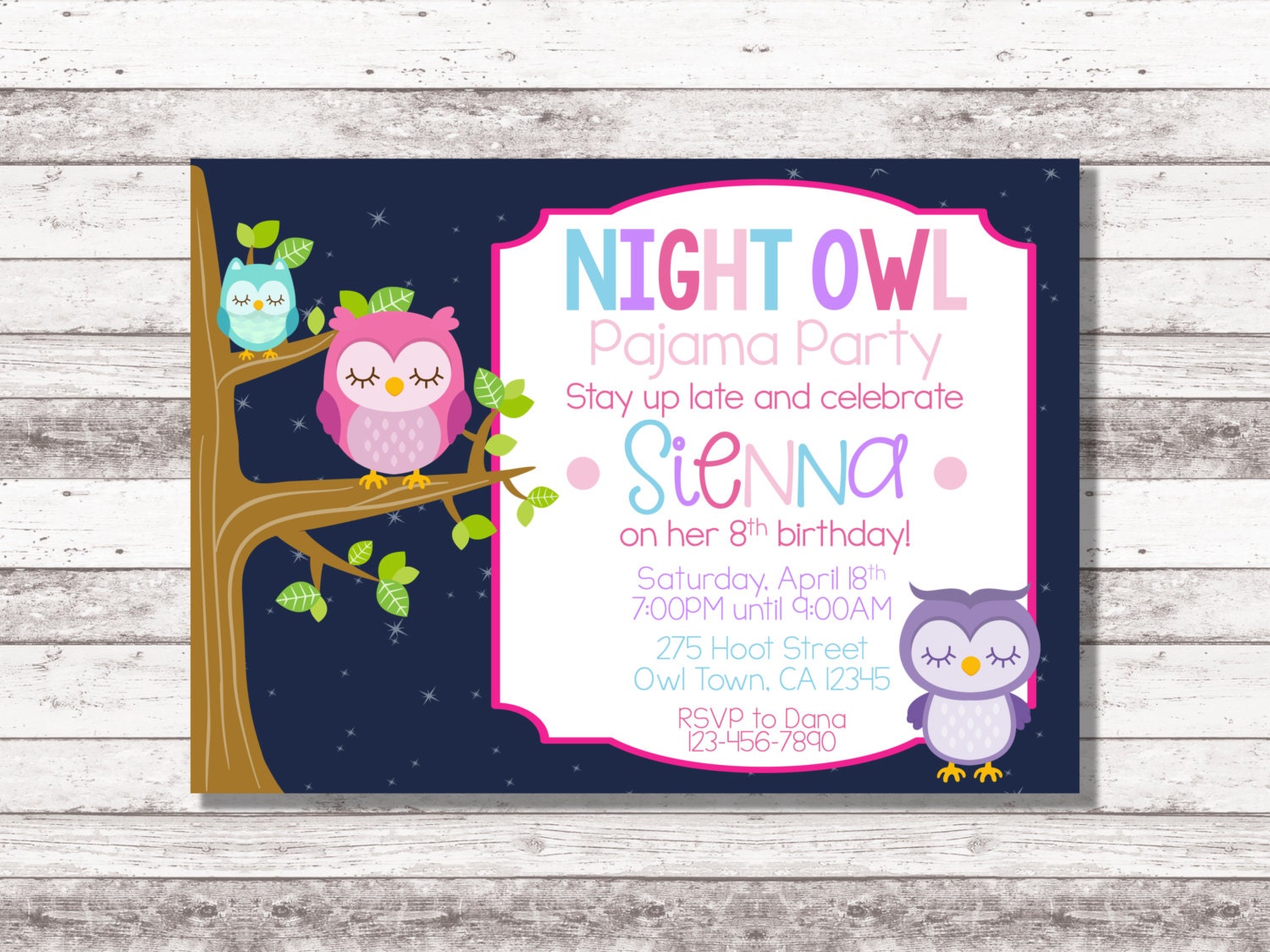 Night Owl Sleepover Birthday Invitation | Girl's Digital Invite, image size:1500x1125