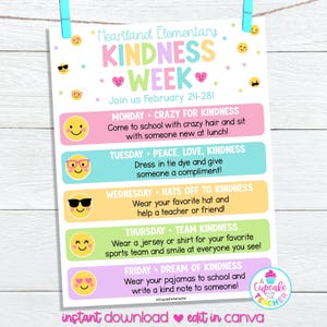 May include: A printable poster for Kindness Week at Heartland Elementary School. The poster features a colorful design with a different activity for each day of the week, including wearing crazy hair, tie dye, hats, team jerseys, and pajamas. The poster also includes a cupcake graphic and the text "A Cupcake for the Teacher".