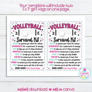 K&ouml;nnte beinhalten: Eine druckbare Volleyball-Survival-Kit-Vorlage mit rosa, t&uuml;rkis und schwarzen Akzenten. Das Design enth&auml;lt Text wie "Volleyball Survival Kit" und eine Liste von Artikeln. Der Satz "sofortiger Download bearbeiten in canva" steht unten.