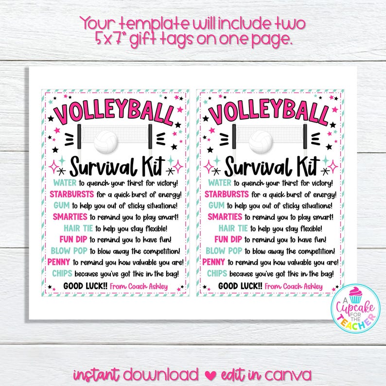 K&ouml;nnte beinhalten: Eine druckbare Volleyball-Survival-Kit-Vorlage mit rosa, t&uuml;rkis und schwarzen Akzenten. Das Design enth&auml;lt Text wie "Volleyball Survival Kit" und eine Liste von Artikeln. Der Satz "sofortiger Download bearbeiten in canva" steht unten.