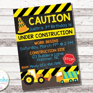 Construction Birthday Invitation | Construction Party | Boy&#39;s Construction | Under Construction Birthday | Dump Truck | Caution | Digital