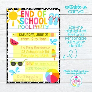 May include: A colorful end-of-school pool party invitation with a notebook paper design. The invitation includes text, a sun, flip-flops, a watermelon slice, sunglasses, a popsicle, a beach ball, and water splashes. The text says "End of School Pool Party".