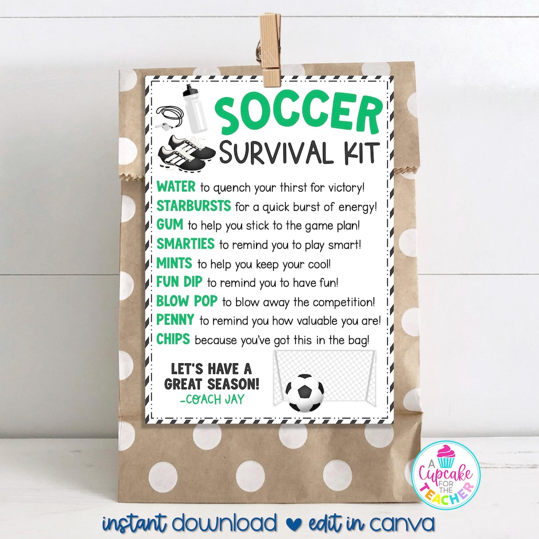 Soccer Survival Kit Bag Tag Template | Editable Soccer Player Gift Tag ...