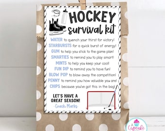 May include: A brown paper bag with white polka dots, featuring a printable tag with the text "HOCKEY survival kit" and a list of items, including water, Starbursts, gum, Smarties, mints, Fun Dip, Blow Pop, a penny, and chips. The tag also includes the text "Let's have a great season! -Coach Marks".
