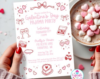 Editable Galentine's Day Pajama Party Invitation | Pink & Red Bow Galentine Invite | Girls Night Favorite Things Template | Edit in Canva