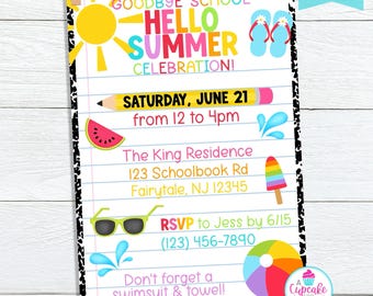 Goodbye School Hello Summer Party Invitation | Editable Summer Pool Party Invite | School's Out Party Invite Template | Edit on Canva