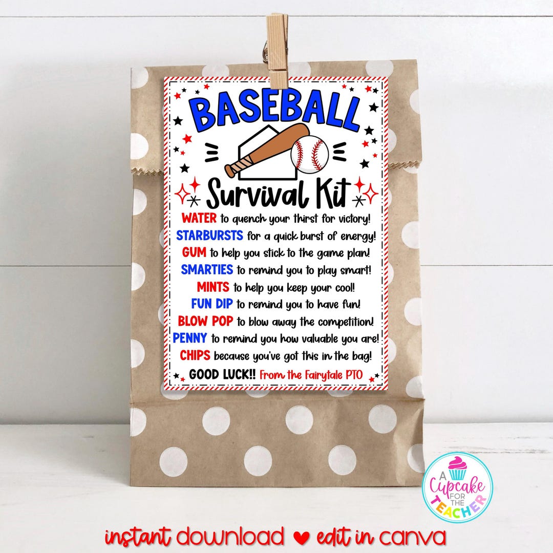 Baseball Survival Kit Bag Tag Template | Editable Baseball Player Gift ...