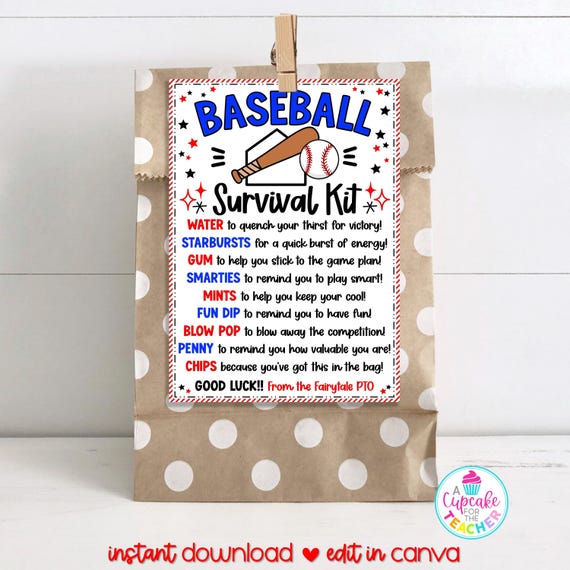 Baseball Survival Kit Bag Tag Template | Editable Baseball Player Gift Tag | Baseball Team Gift | Baseball Mom | Edit in Canva