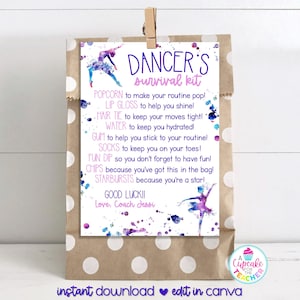 Dance Survival Kit Bag Tag Template | Editable Dancer Gift Tag | Dance Team Gift Idea | Dance Mom Coach | Dance Competition | Edit on Canva
