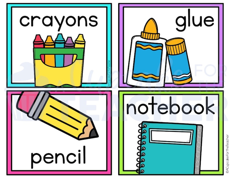 May include: Four colorful cards with images and words for school supplies. The cards show crayons, glue, a pencil, and a notebook.
