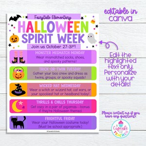 May include: A vibrant Halloween Spirit Week poster with a purple and green colour scheme. The poster features illustrations of a bat, pumpkin, ghost, and cat. It details daily themes such as Monster Mismatch Monday and Frightful Friday, with editable text.