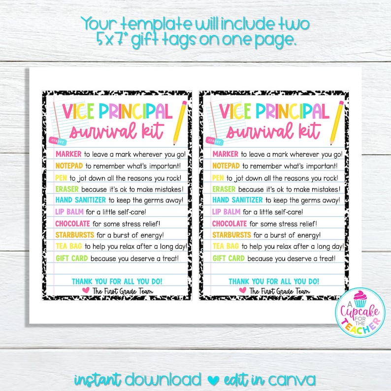 Puede incluir: Dos etiquetas de regalo imprimibles de 12,7 x 17,8 cm con un fondo a cuadros blanco y negro. El texto "Vice Principal Survival Kit" est&aacute; en letras de colores. Las etiquetas enumeran los art&iacute;culos que se pueden incluir en una cesta de regalo para un director adjunto, como un marcador, un bloc de notas, un bol&iacute;grafo, una goma de borrar, desinfectante de manos, b&aacute;lsamo labial, chocolate, Starbursts, una bolsita de t&eacute; y una tarjeta de regalo. El texto "&iexcl;Gracias por todo lo que haces! El equipo de primer grado" est&aacute; en la parte inferior de cada etiqueta.