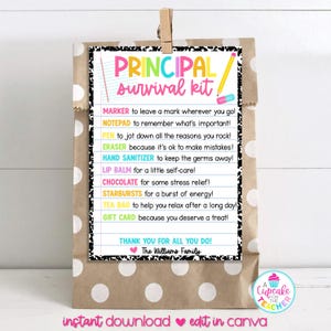 Modello di etichetta per borsa "Kit di sopravvivenza per preside" / Etichetta regalo modificabile per apprezzamento del preside / Regalo per il ritorno a scuola / Regalo per genitori e insegnanti / Modifica su Canva