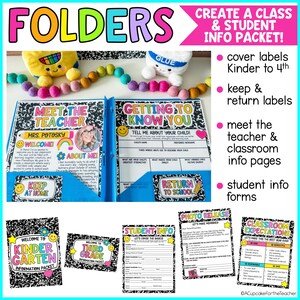 May include: A classroom folder set featuring a Meet the Teacher page, Getting to Know You form, and student information packets. The design includes black and white composition notebook patterns, colourful text, and various labels for school organisation.