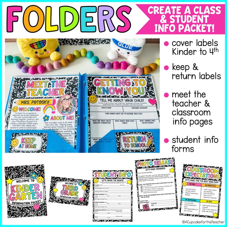 May include: A classroom folder set featuring a Meet the Teacher page, Getting to Know You form, and student information packets. The design includes black and white composition notebook patterns, colourful text, and various labels for school organisation.