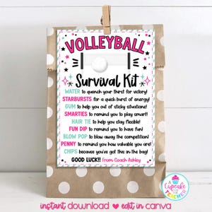 K&ouml;nnte beinhalten: Eine braune Papiert&uuml;te mit wei&szlig;en Tupfen enth&auml;lt ein Geschenk-Etikett zum Thema Volleyball. Auf dem Etikett steht "Volleyball Survival Kit" und listet Artikel wie Wasser, Starbursts, Kaugummi, Smarties, ein Haargummi, Fun Dip, einen Blow Pop, einen Penny und Chips auf.