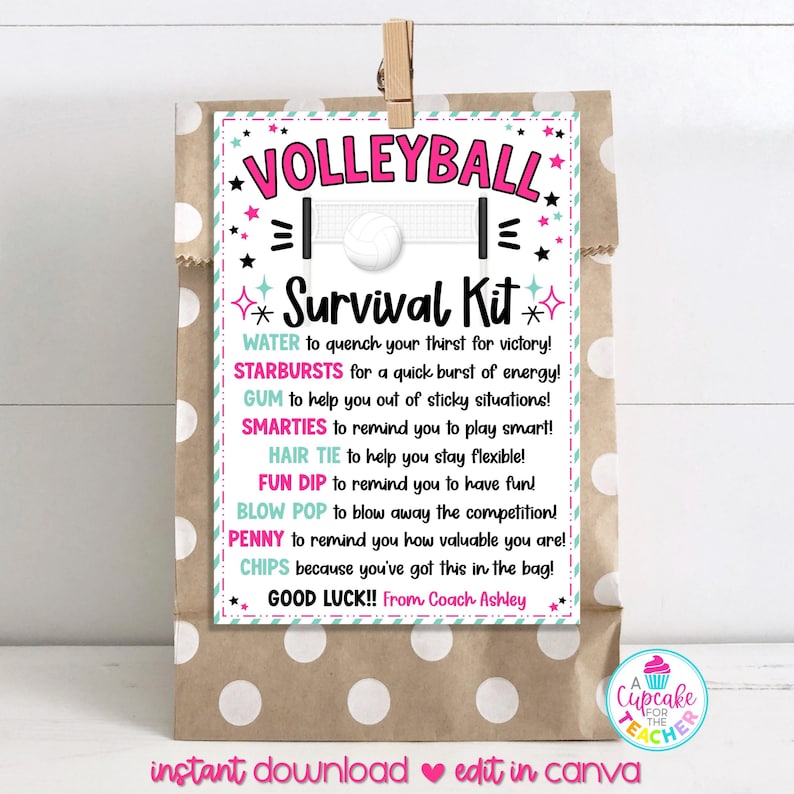 K&ouml;nnte beinhalten: Eine braune Papiert&uuml;te mit wei&szlig;en Tupfen enth&auml;lt ein Geschenk-Etikett zum Thema Volleyball. Auf dem Etikett steht "Volleyball Survival Kit" und listet Artikel wie Wasser, Starbursts, Kaugummi, Smarties, ein Haargummi, Fun Dip, einen Blow Pop, einen Penny und Chips auf.