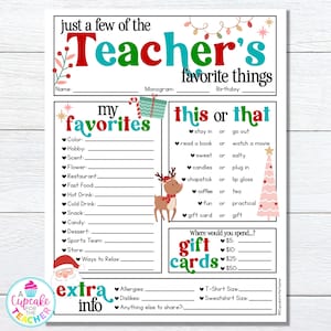 Cuestionario para profesores sobre algunas de mis cosas favoritas / Lista de Navidad para profesores / Encuesta sobre las cosas favoritas de los profesores / Lista de deseos para las fiestas imprimible