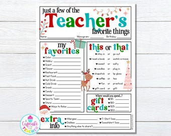 May include: Printable Christmas teacher gift tag with a festive design. The tag includes a list of "My Favorites" and "This or That" questions to help students learn more about their teacher. The tag also includes a section for "Extra Info" where students can write down allergies, dislikes, and anything else they want to share.