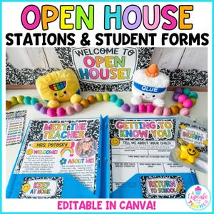 May include: A classroom open house kit featuring a blue folder with Meet the Teacher and Getting to Know You forms, a yellow plush crayon, a white plush glue bottle, a felt ball garland, a yellow star-shaped eraser, and printed checklists.