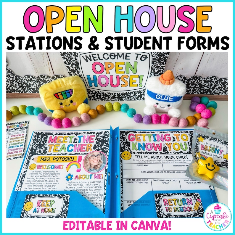 May include: A classroom open house kit featuring a blue folder with Meet the Teacher and Getting to Know You forms, a yellow plush crayon, a white plush glue bottle, a felt ball garland, a yellow star-shaped eraser, and printed checklists.