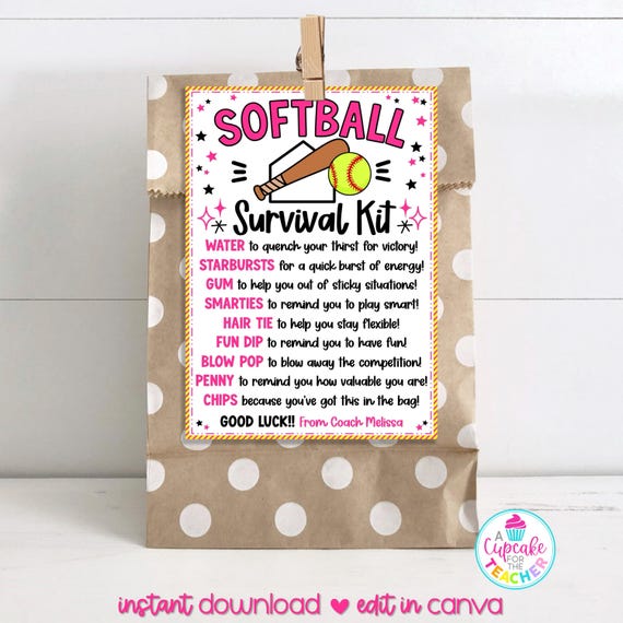 Softball Survival Kit Bag Tag Template | Editable Softball Player Gift Tag | Softball Team Gift | Softball Mom | Edit on Canva
