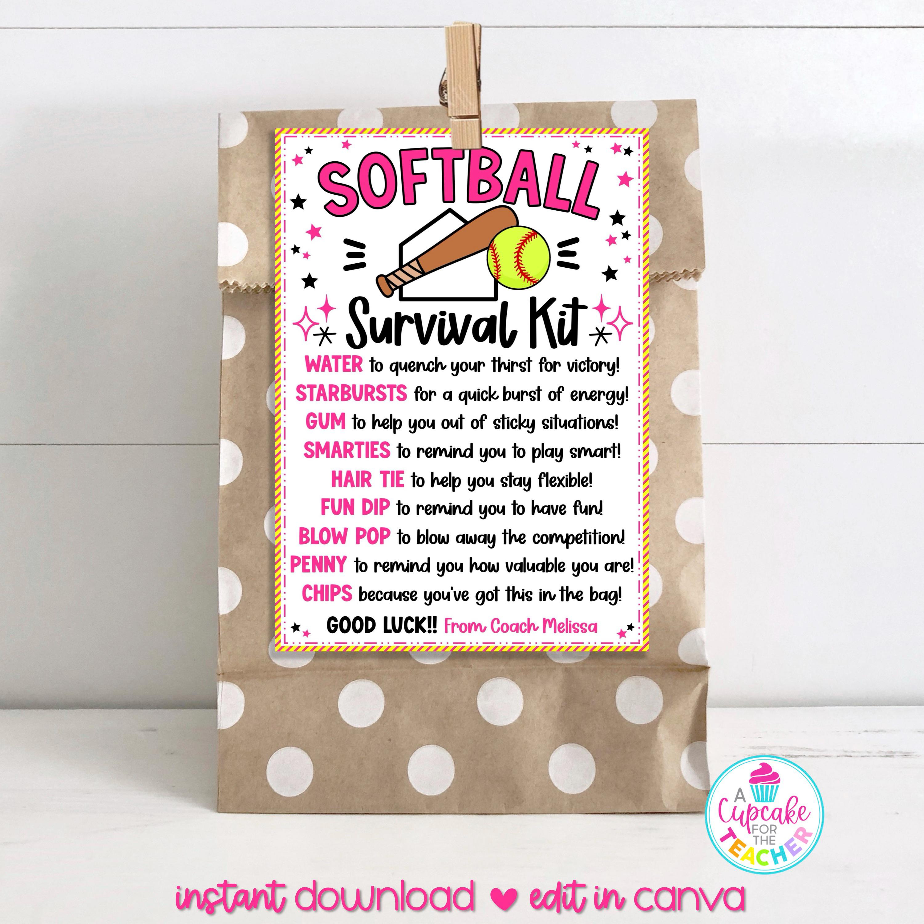 Szablon etykiety na torbę z zestawem przetrwania w softballu | Edytowalna etykieta na prezent dla gracza w softballu | Prezent dla drużyny softballu | Mama softballu | Edytuj na Canva
