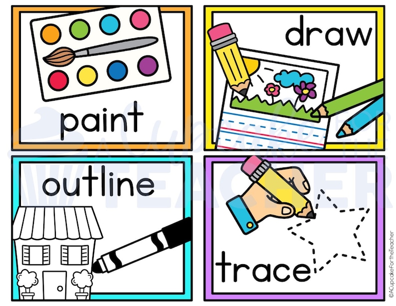 May include: Four colorful cards with different art activities. The first card shows a paintbrush and a watercolor palette with the word "paint". The second card shows a pencil drawing a picture with the word "draw". The third card shows a crayon outlining a house with the word "outline". The fourth card shows a hand tracing a star with the word "trace".