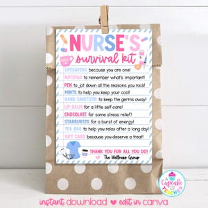 Nurse Survival Kit Bag Tag Template | Editable Nurse Appreciation Gift Tag | National Nurses Day | Nurse Thank You Gift | Edit on Canva