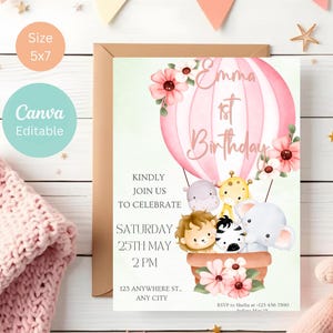Convite de aniversário de safári floral, modelo de balão de ar quente Canva, convite com tema de selva para bebês, cartão de aniversário de menina editável, convite digital 5x7