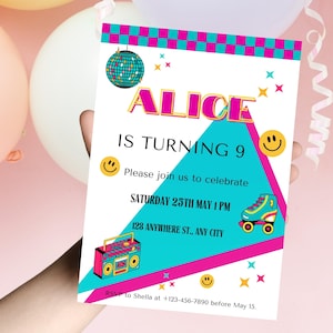 Faire-part d'anniversaire rétro, Invitation à imprimer sur le thème des années 80 et 90, téléchargement numérique, carte Bash rétro, modèle de fête modifiable 5 x 7 adultes enfants