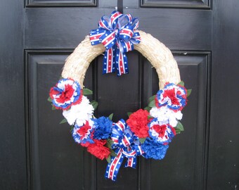 Patriotic Straw Wreath, Patriotic Wreath, Fourth of July Wreath, Memorial Day Wreath, Veteran's Day Wreath, Floral Wreath, Holiday Wreath