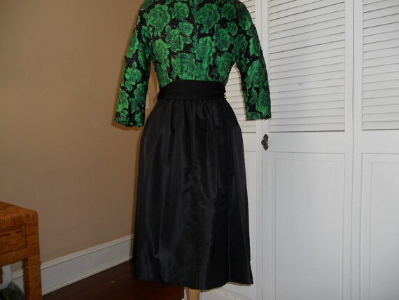 Vintage 1950's Cocktail Dress Green and black seq… - image 2