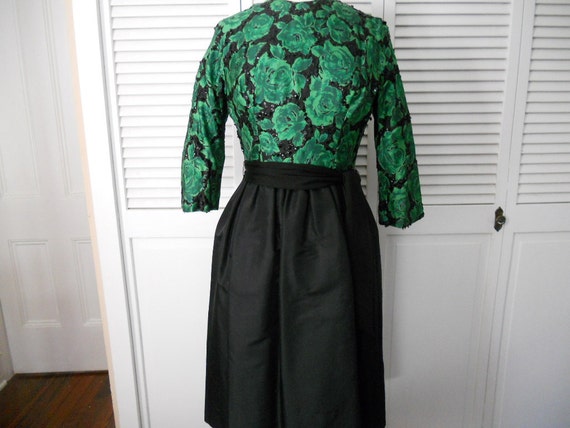 Vintage 1950's Cocktail Dress Green and black seq… - image 1