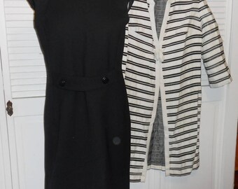 Vintage black wool sleeveless/cap sleeve dress and black and white jacket