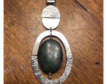 Vintage Sterling Pendant with a Ruby Zoisite oval stone, Mexico, signed DDD, Dominique Dinouart