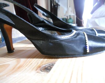 Vintage Stanley Philipson Black high heel Slingback 7 1/2 M dressy shoes